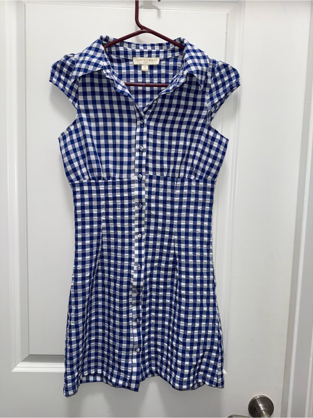 NWOT Thirty/Thirty Blue Gingham Cap Sleeve Button Front Mini Shirt Dress Size S